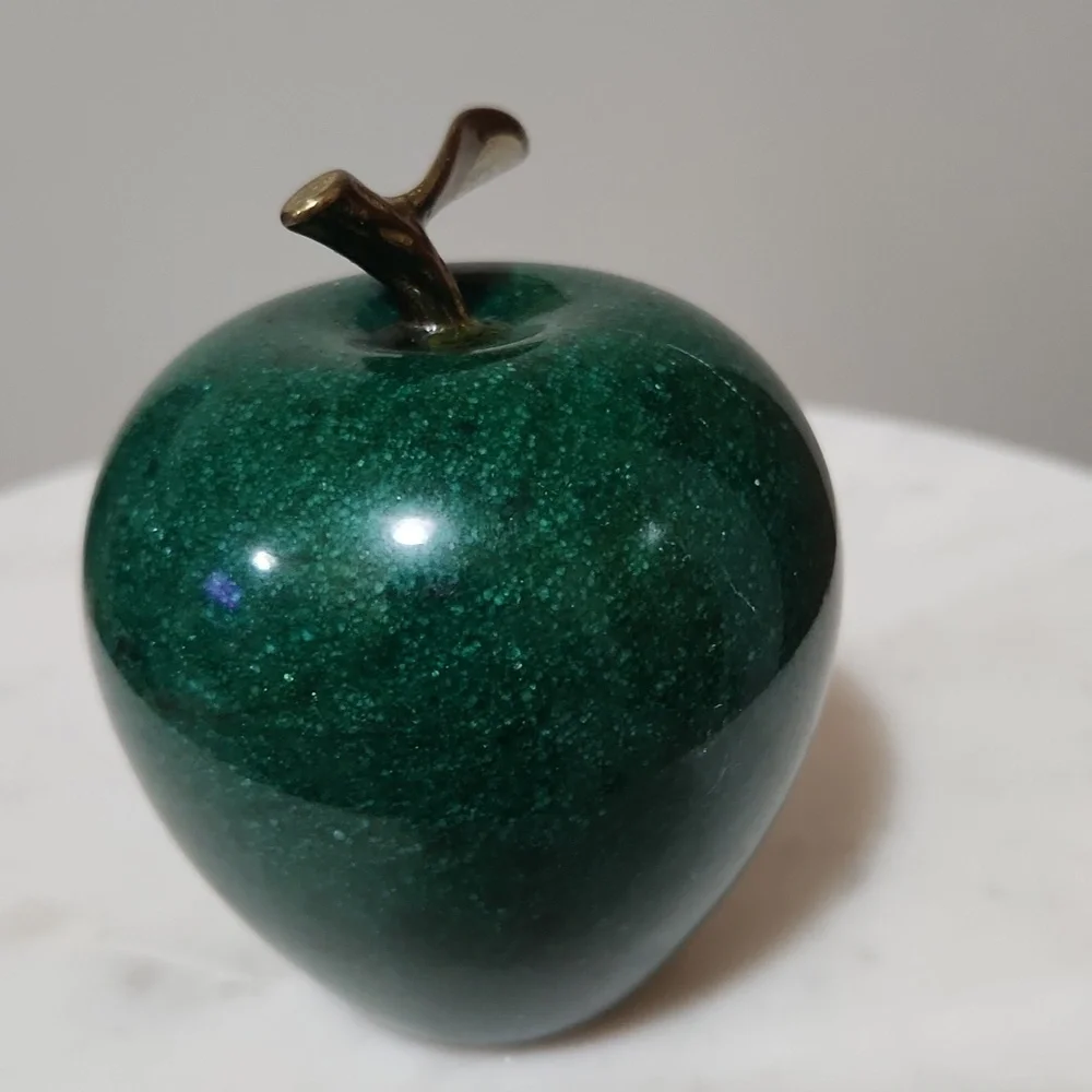 Green Marble Apple Sculpture Paperweight with Golden Brass Leaf
